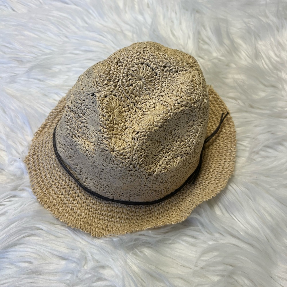pistil Crochet Straw Fedora in Tan with Dark Brown Trim